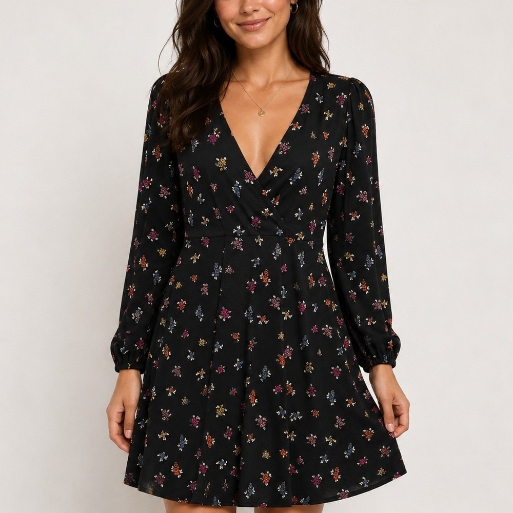 Boden Black Dainty Floral Wrap Dress Long Sleeve V Neck Midi Pockets 8P